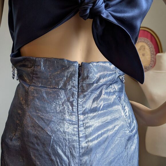 Vintage 90s y2k Scene Prom Gown Blue Floral Embroidery Beaded Fringe Size 9/10 - Picture 14 of 17